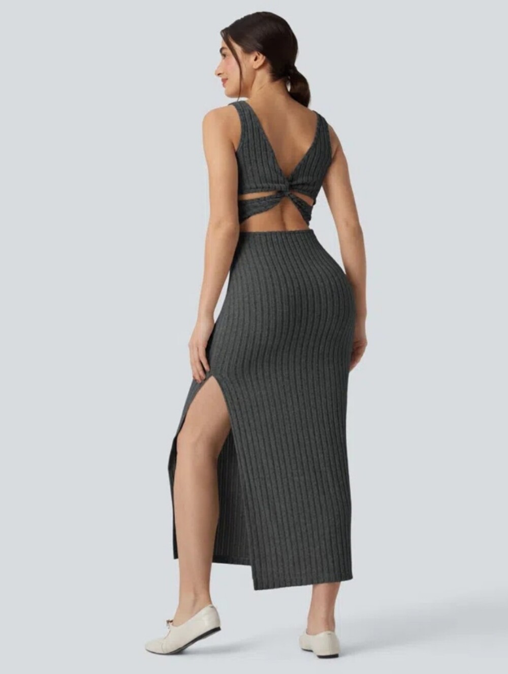 HALARA Ribbed Knit Square Neck Sleeveless Twist Back Bodycon Maxi Dress Size M
